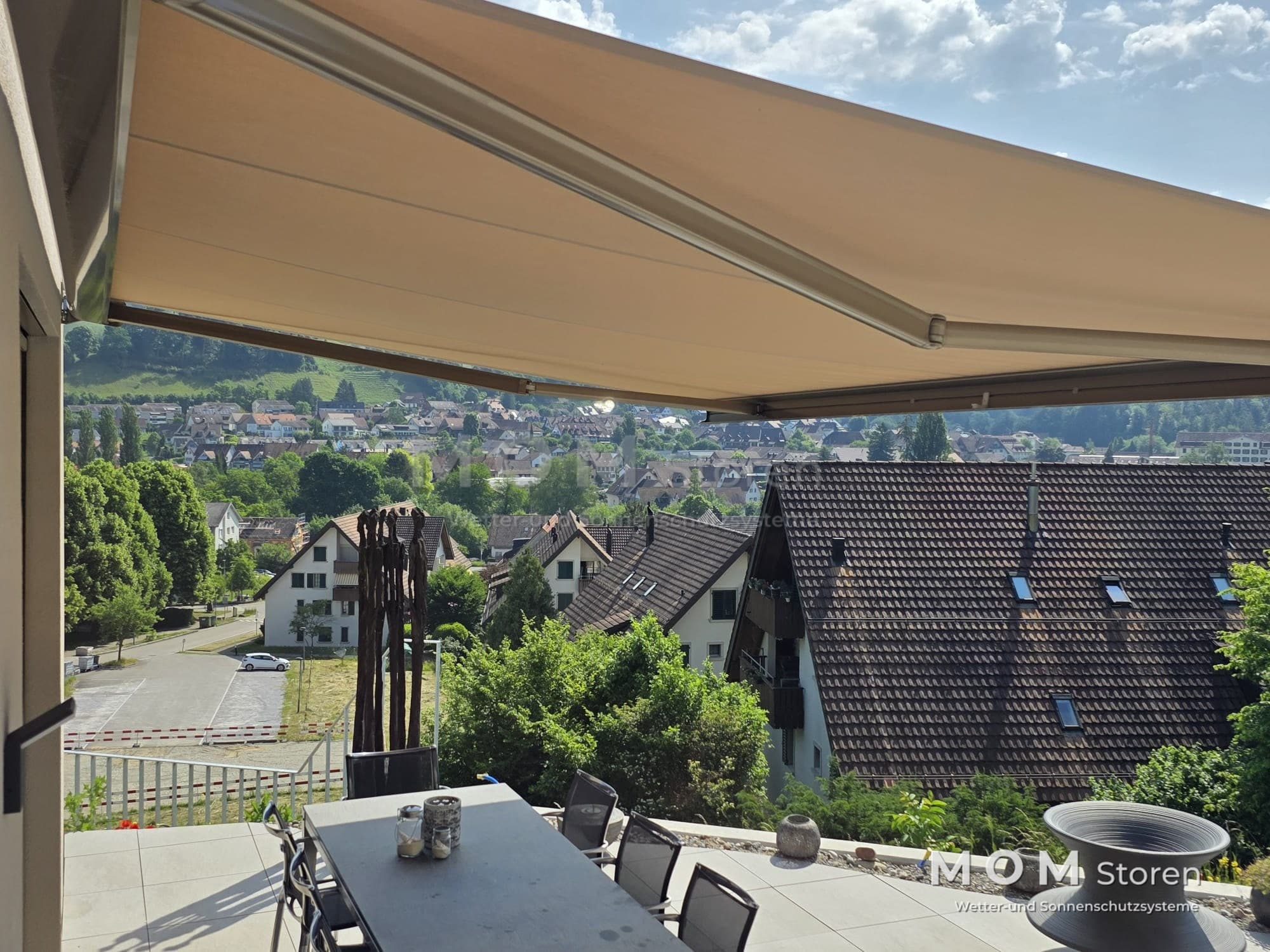 Light awning over a balcony with an open view